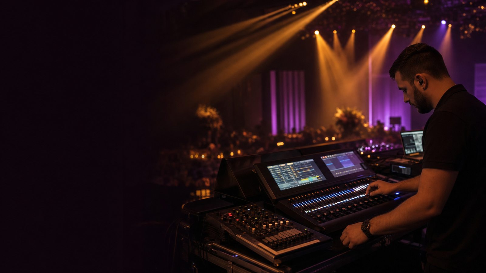 Eventtechniker steuert Licht und Tontechnik